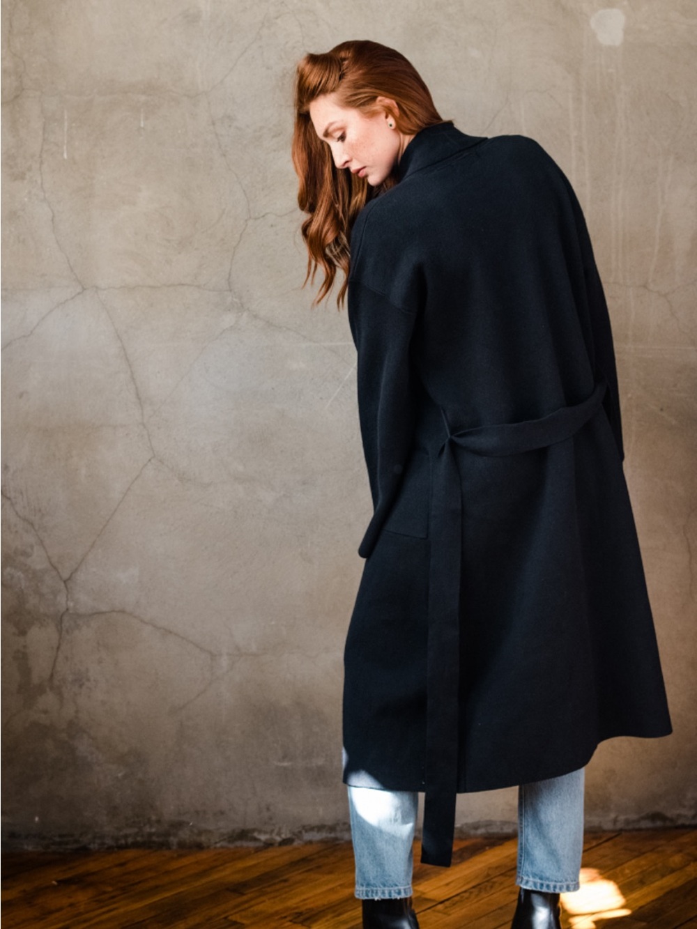 Able Brooke Sweater Coat -Classic Long Black Belted Coat